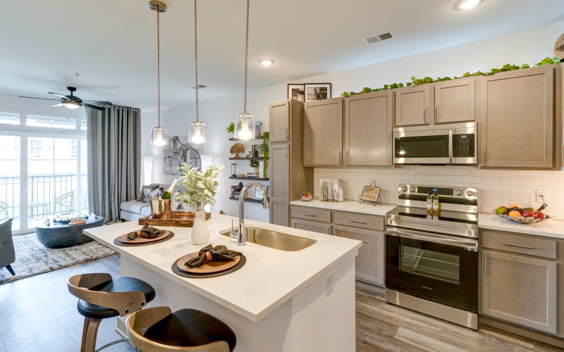 Kitchen with gray cabinets and a kitchen island