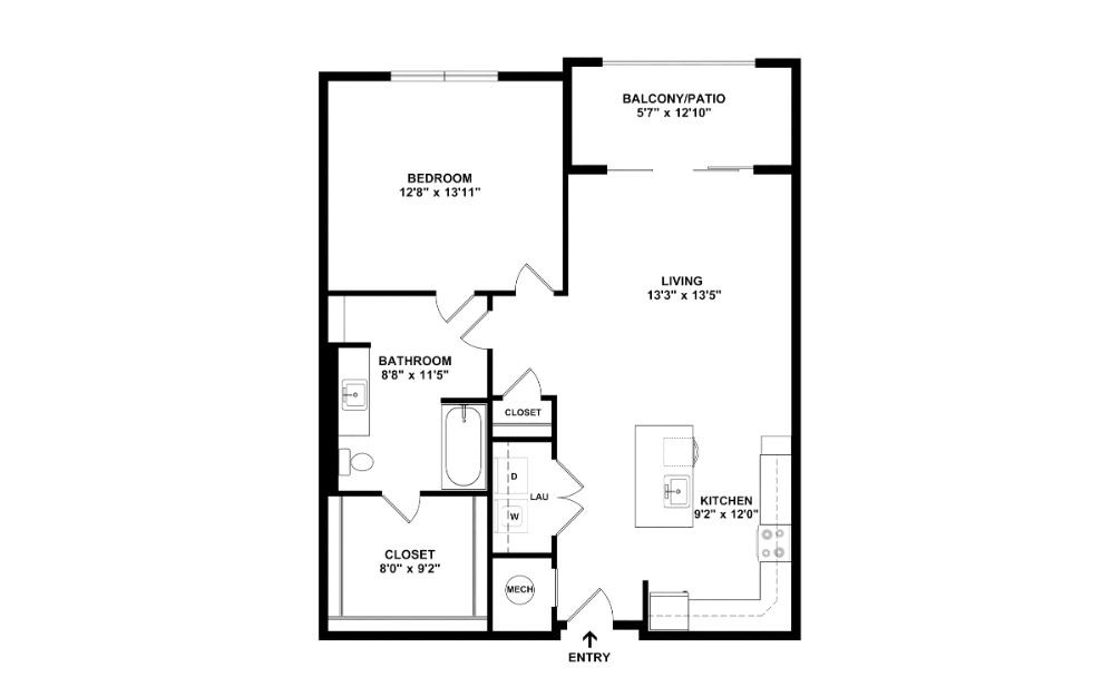 Willow - 1 bedroom floorplan layout with 1 bathroom and 817 square feet (2D)