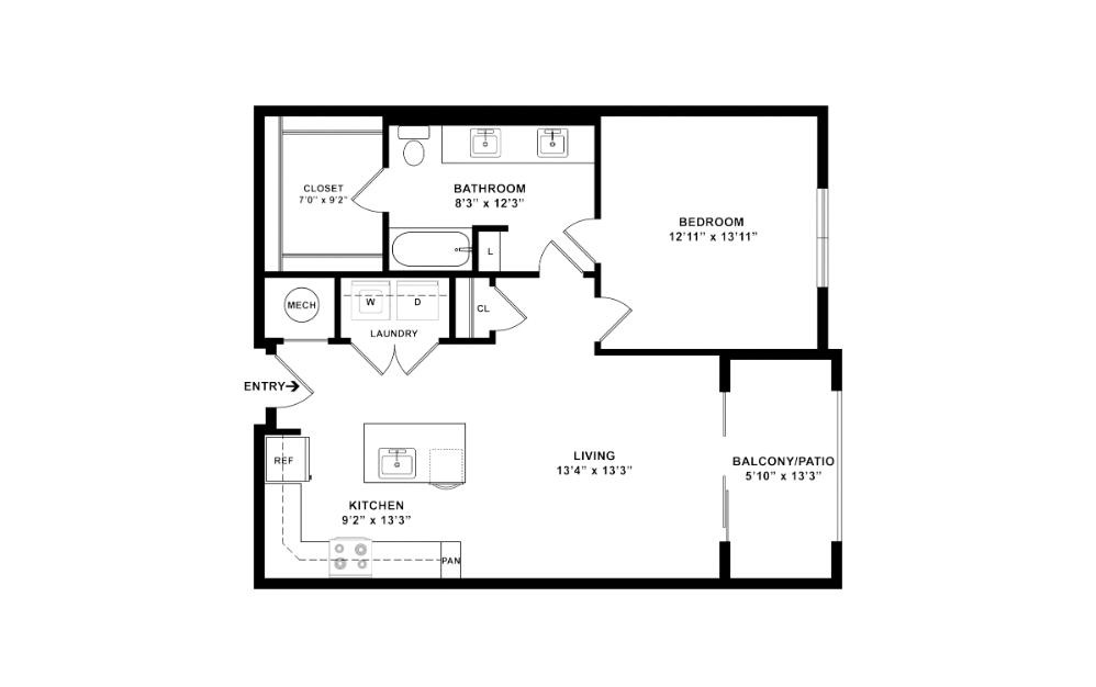 Birch - 1 bedroom floorplan layout with 1 bathroom and 823 square feet (2D)