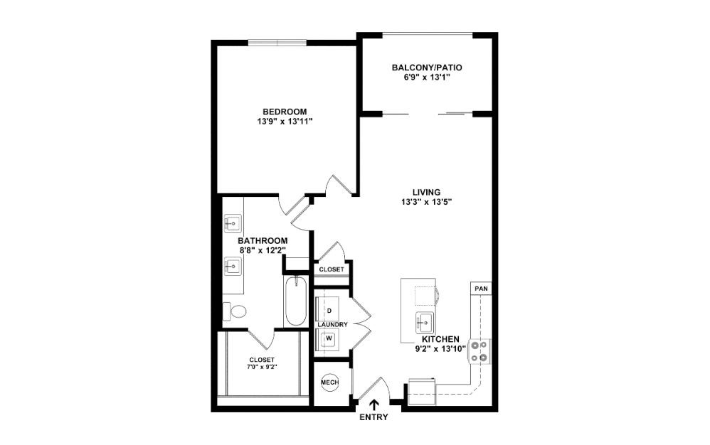 Oak - 1 bedroom floorplan layout with 1 bathroom and 823 square feet (2D)