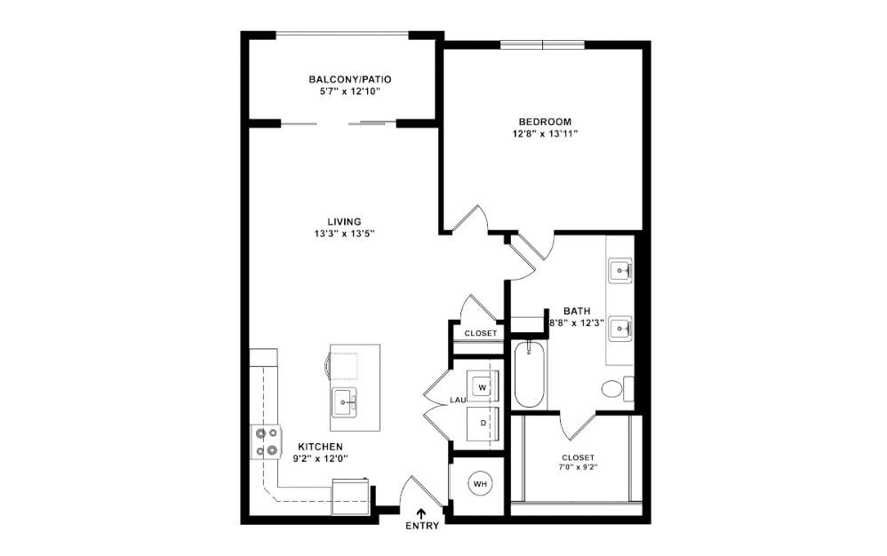 Arbor - 1 bedroom floorplan layout with 1 bathroom and 820 square feet (2D)