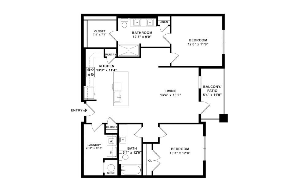 Ivy - 2 bedroom floorplan layout with 2 bathrooms and 1098 square feet (2D)
