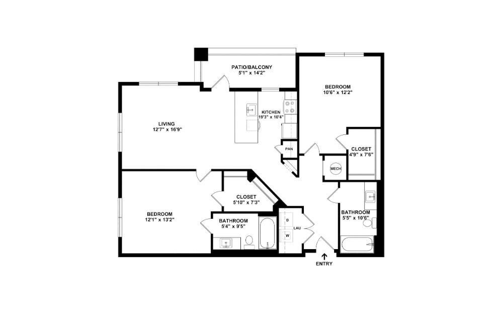 Meadow - 2 bedroom floorplan layout with 2 bathrooms and 998 square feet (2D)