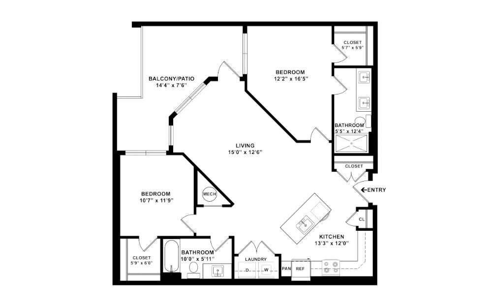 Forest - 2 bedroom floorplan layout with 2 bathrooms and 1077 square feet (2D)
