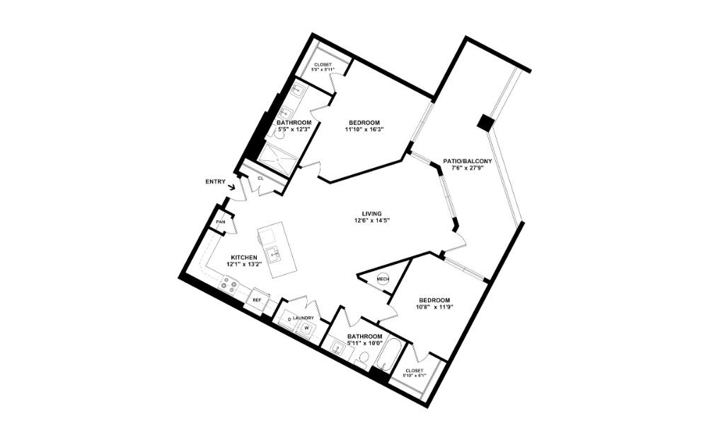 Evergreen - 2 bedroom floorplan layout with 2 bathrooms and 1085 square feet (2D)