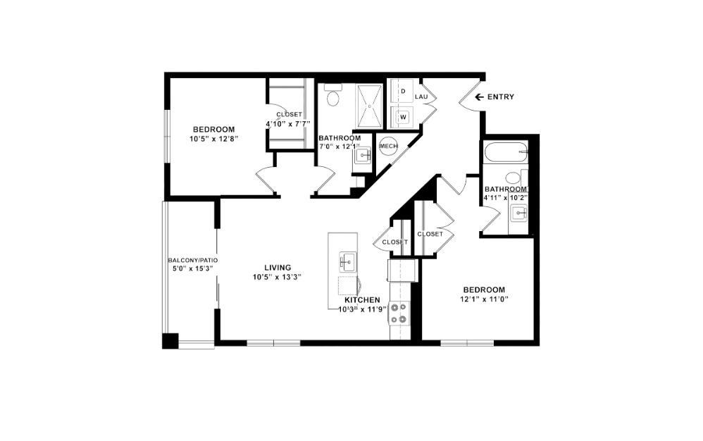 Juniper - 2 bedroom floorplan layout with 2 bathrooms and 984 square feet (2D)