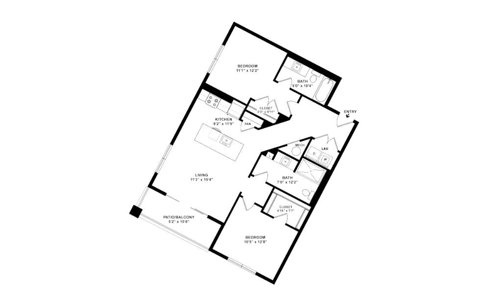 Hickory - 2 bedroom floorplan layout with 2 bathrooms and 978 square feet (2D)