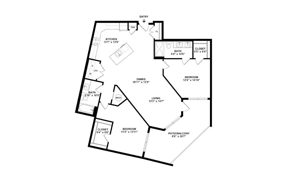 Sage - 2 bedroom floorplan layout with 2 bathrooms and 1223 square feet (2D)