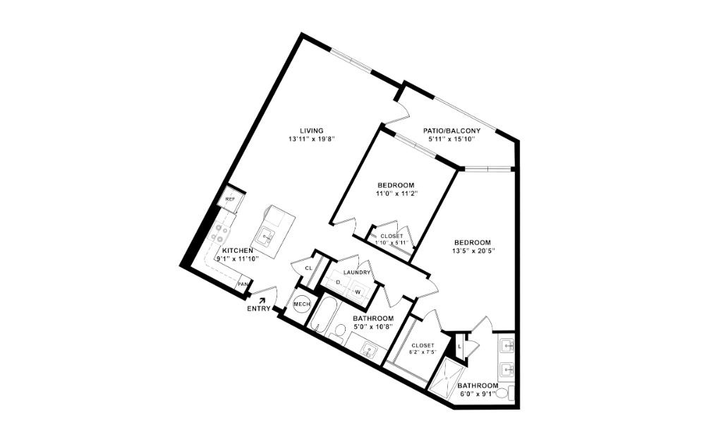 Sycamore - 2 bedroom floorplan layout with 2 bathrooms and 1150 square feet (2D)