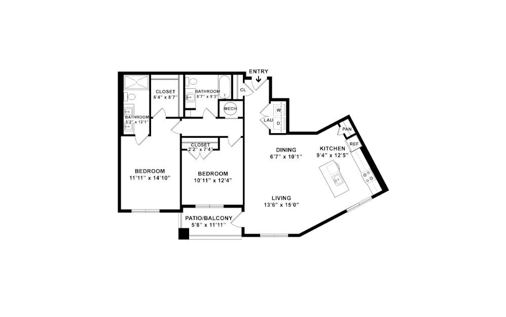 Beech - 2 bedroom floorplan layout with 2 bathrooms and 1224 square feet (2D)