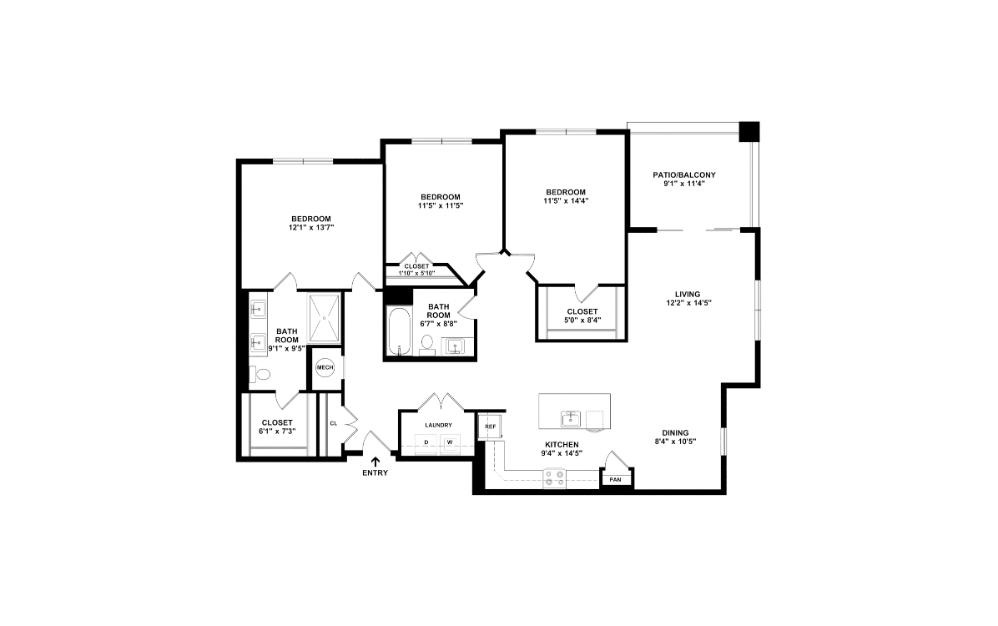 Sky - 3 bedroom floorplan layout with 2 bathrooms and 1411 square feet (2D)