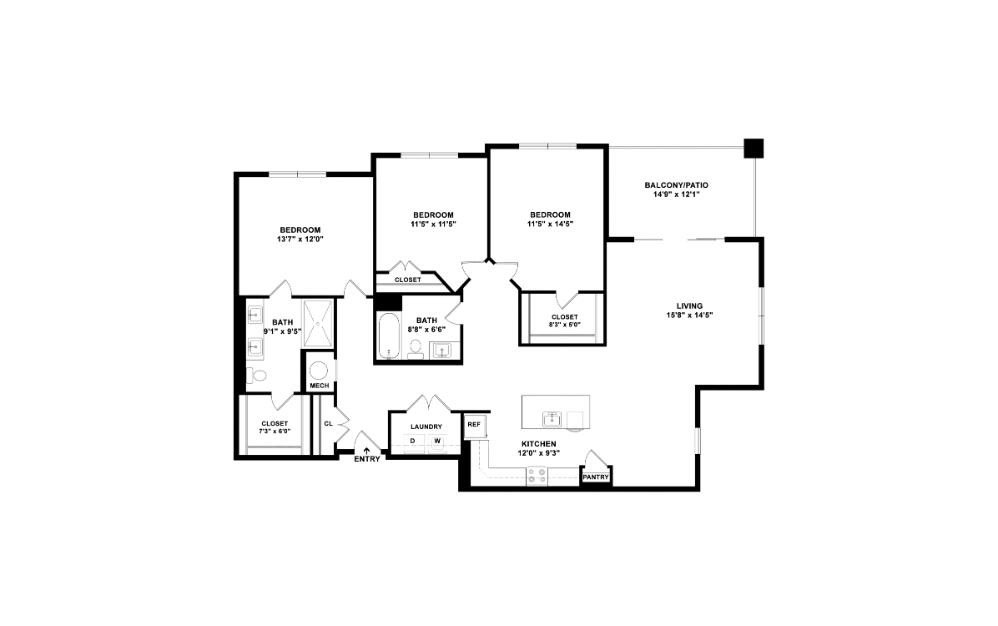 Horizon - 3 bedroom floorplan layout with 2 bathrooms and 1463 square feet (2D)